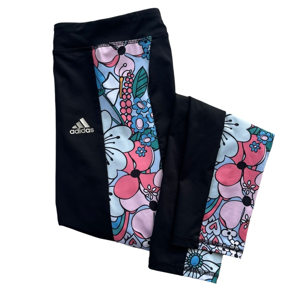 Adidas Girl’s Large 14 Black Multicolor Floral Allover Print Panel Pocket Tights